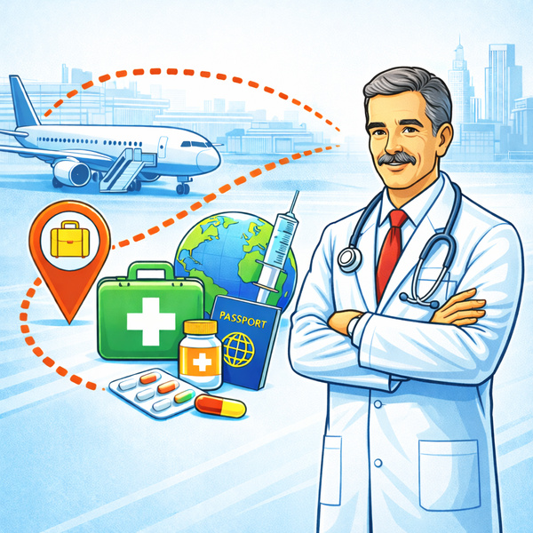 Comicbild - Flugzeug, Arzt und Medikamente