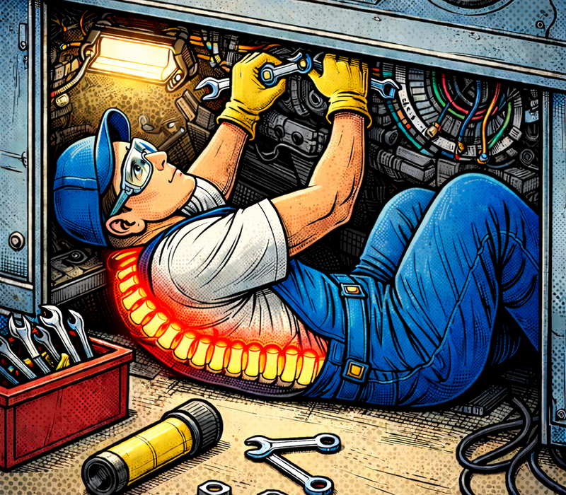 Ein Mitarbeiter liegt unter einem Auto und hat Rückenschmerzen - Comic Zeichnung