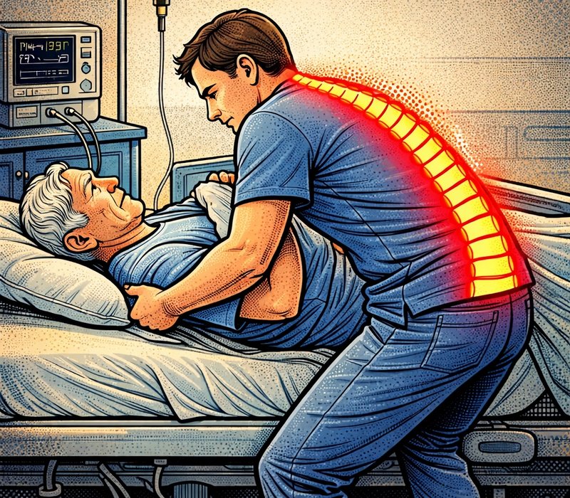 Ein Krankenpfleger hat Rückenschmerzen  - Comic Zeichnung