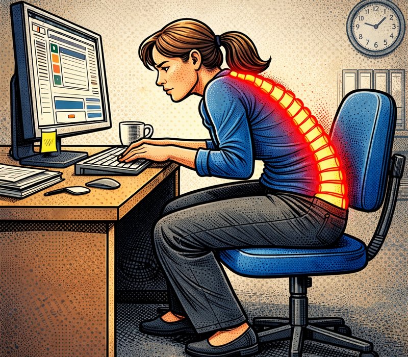 Ein Arbeiter am PC hat Rückenschmerzen - Comic Zeichnung