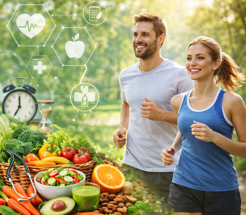 Gemüse und Obst neben einem Paar was joggt