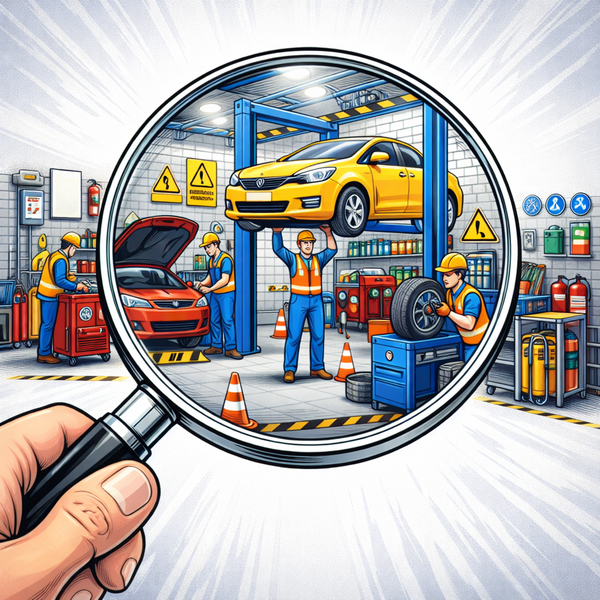 Eine Lupe zeigt auf eine PKW Hebebühne - Comic Zeichnung