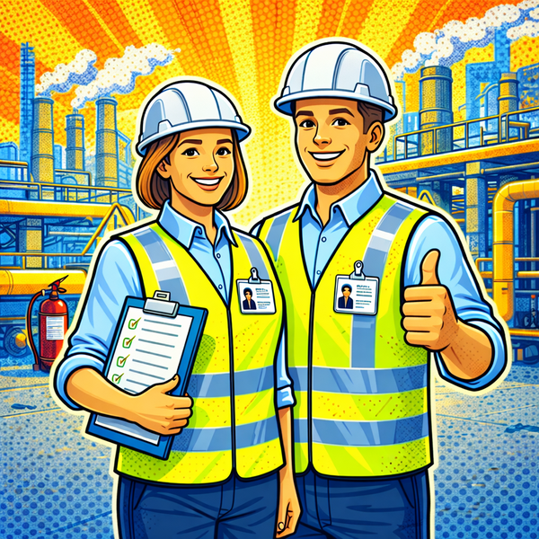 Zwei Personen mit Helm und Schutzweste